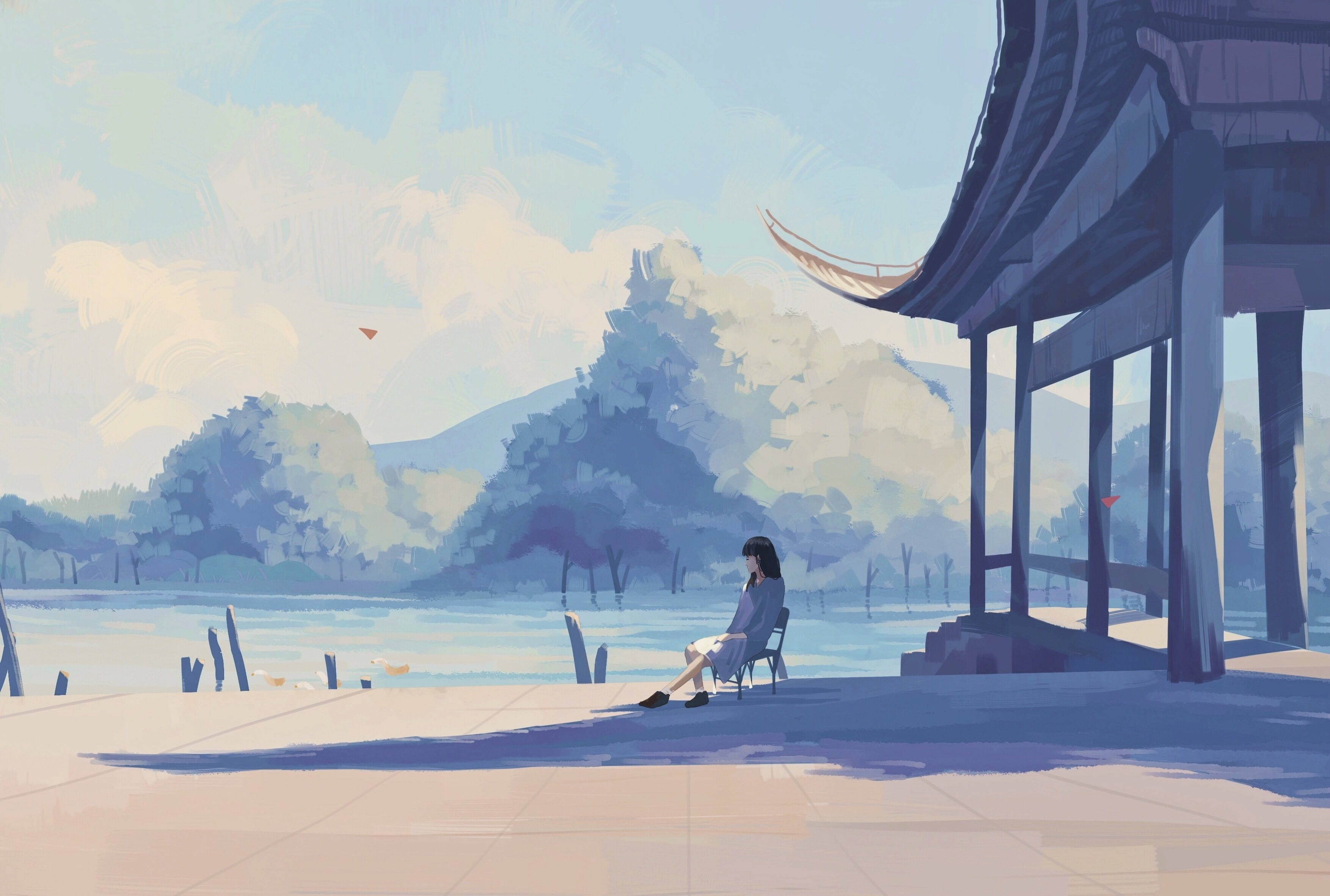 _pastel 風動漫少女 壁紙 — 一個孤獨的身影靜靜地坐在傳統亭子下的椅子上，俯瞰著寧靜的湖泊，遠處有霧氣繚繞的山巒。