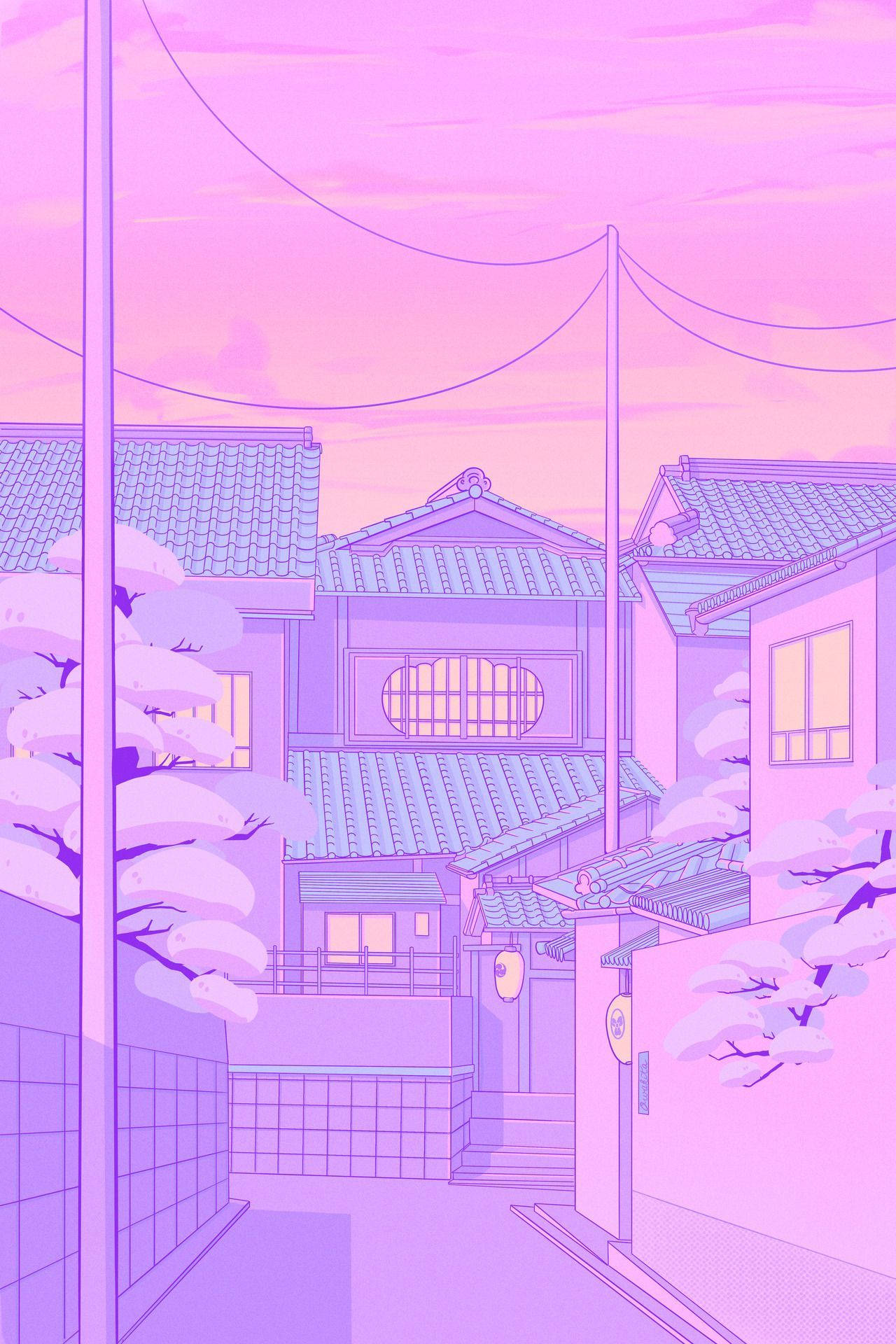 _pastel 風動漫風景 壁紙 — 一條寧靜的動漫風格小巷，兩旁是傳統日式房屋和積雪覆蓋的樹木，天空呈現粉紅和紫色漸變。