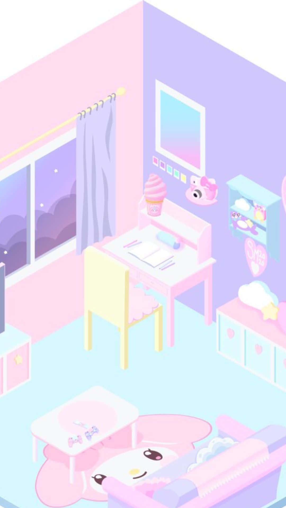 Pastel粉紅Kawaii房間 壁紙 — 一間粉彩色的等距女孩臥室，有一張可愛的卡通角色形狀沙發和一張靠窗的書桌，窗外可見夜空。
