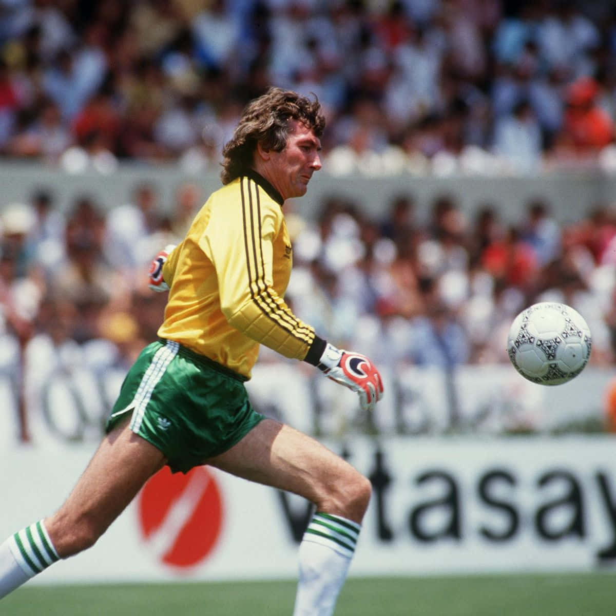 Pat Jennings 於 1986 年 FIFA 世界盃比賽 壁紙 — 一名身穿黃色球衣和綠色短褲的足球守門員在日間比賽中飛身撲接一個白色足球。