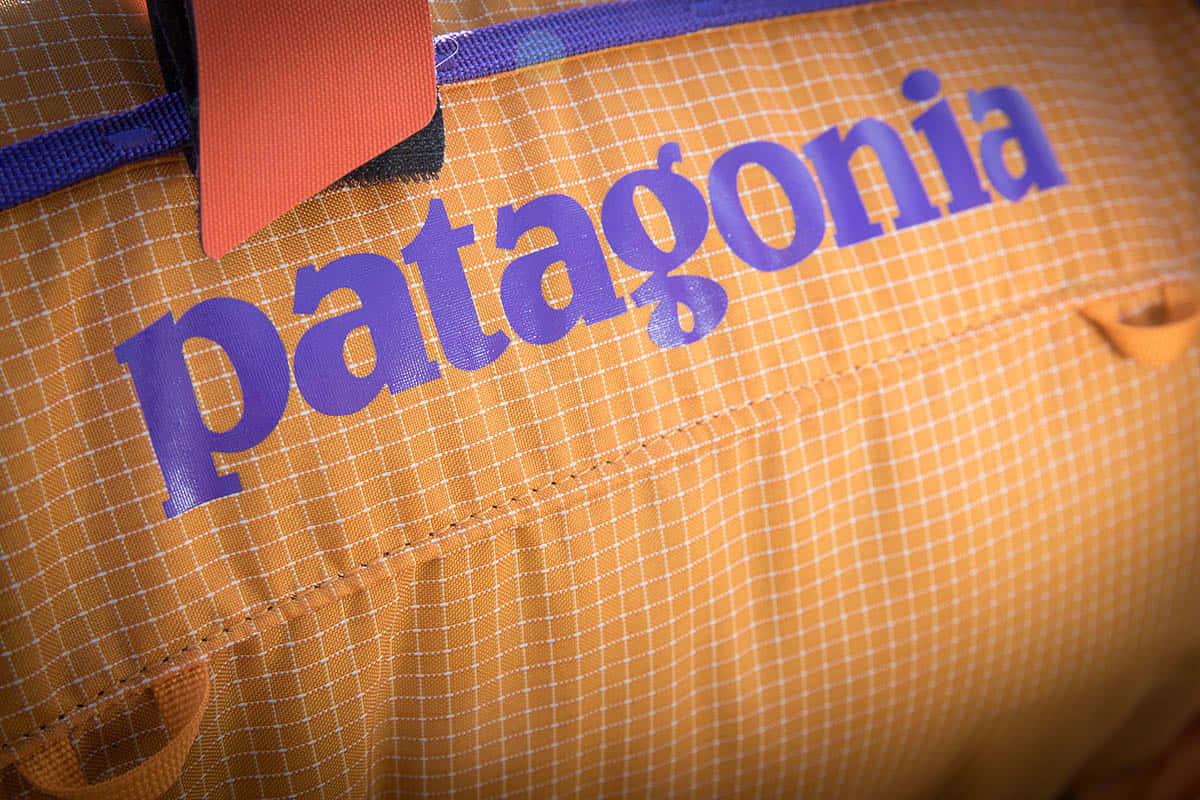 橙色格子戶外袋上的 Patagonia 標誌近距離特寫