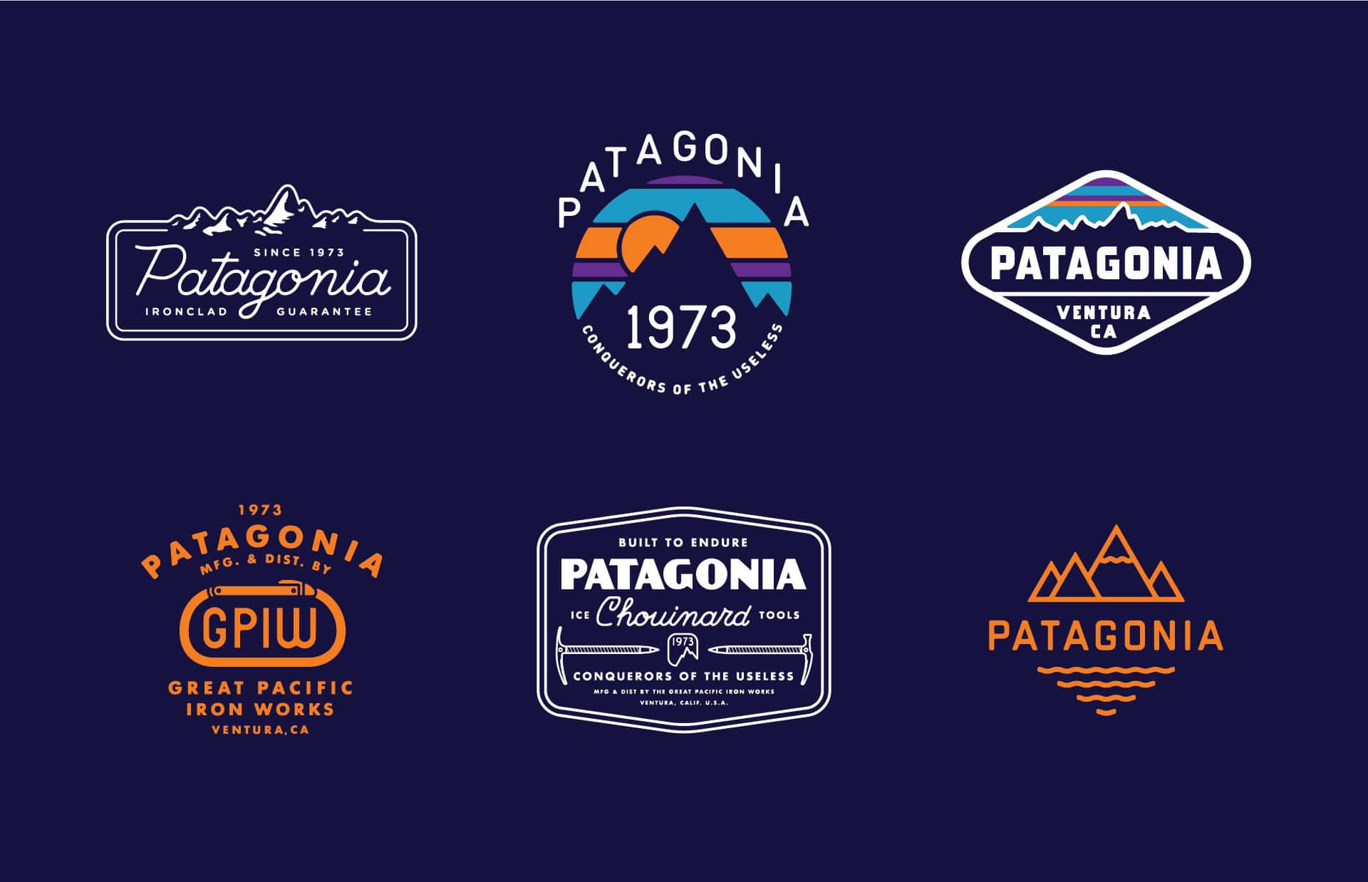 六個 Patagonia 品牌標誌，帶有橙色和白色的山脈和太陽圖案，位於深藍色背景上。