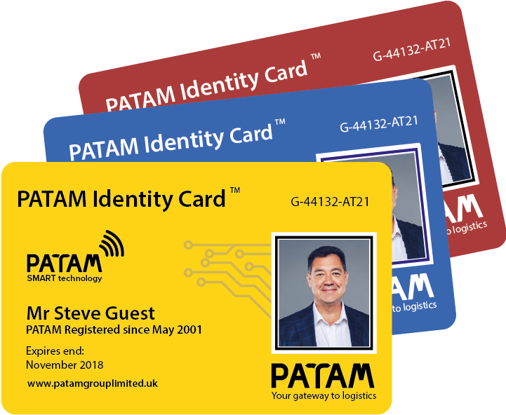 PATAM 身份證卡展示 壁紙 — 三張重疊的PATAM身份證，帶有照片和文字，黑色背景。
