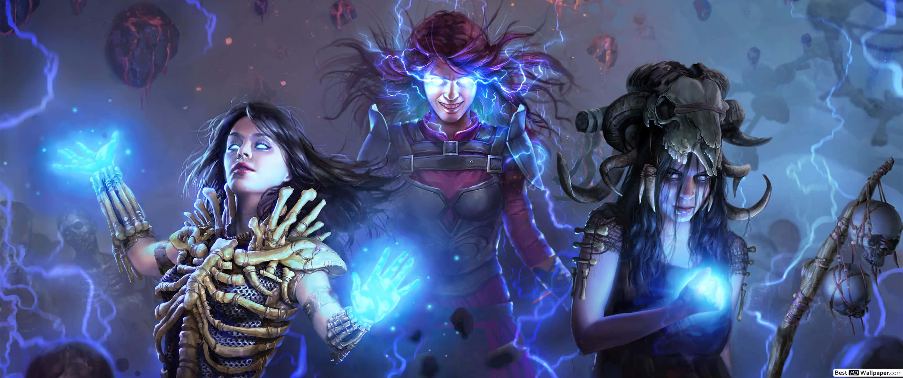 《Path of Exile》的驚心動魄之旅 壁紙 — 三名奇幻戰士帶著發光的藍色魔法和骷髏盔甲，站在噼啪作響的閃電和漂浮的頭骨之間。
