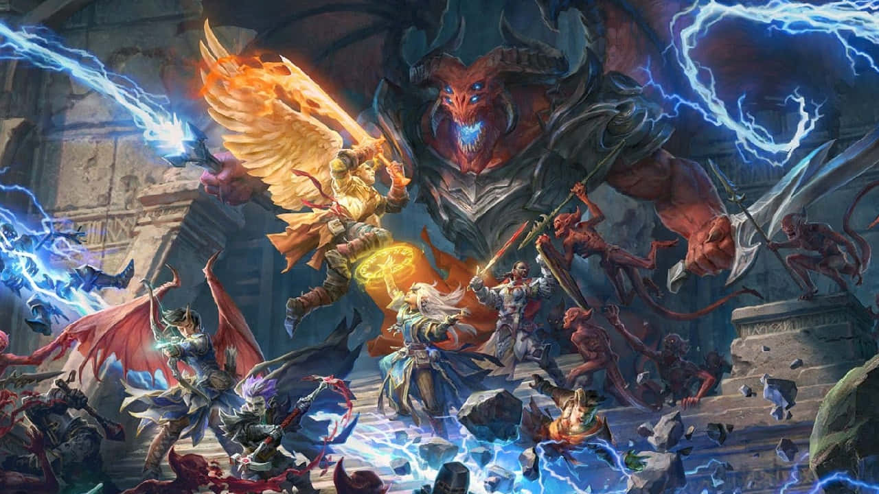 《Pathfinder：憤怒的正義》遊戲中無能的邪教徒 壁紙 — 一場戲劇性的奇幻戰鬥爆發，天使般的戰士與巨大的惡魔首領在破碎的石頭和噼啪作響的閃電中碰撞。
