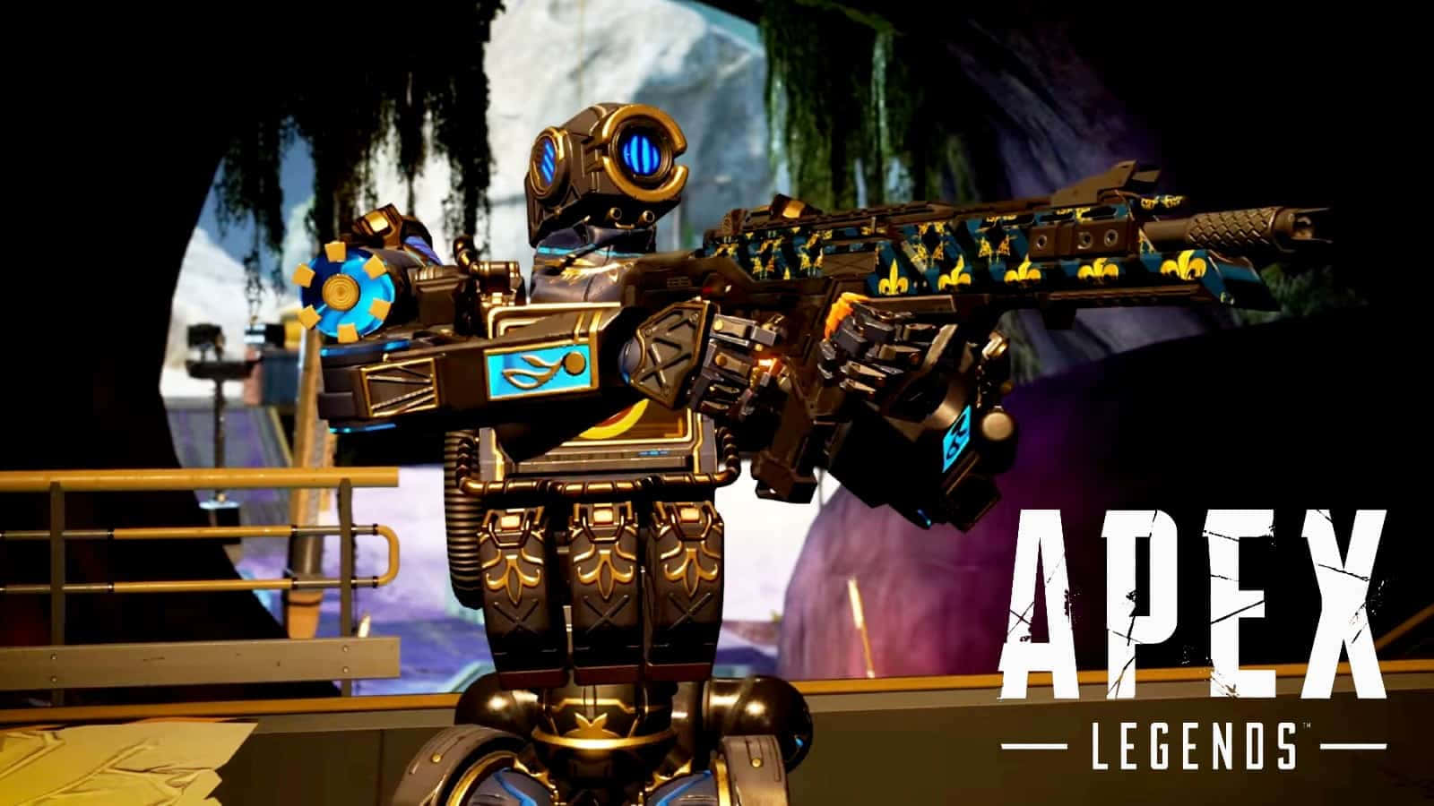 金色機械人在Apex Legends遊戲場景中手持裝飾步槍。