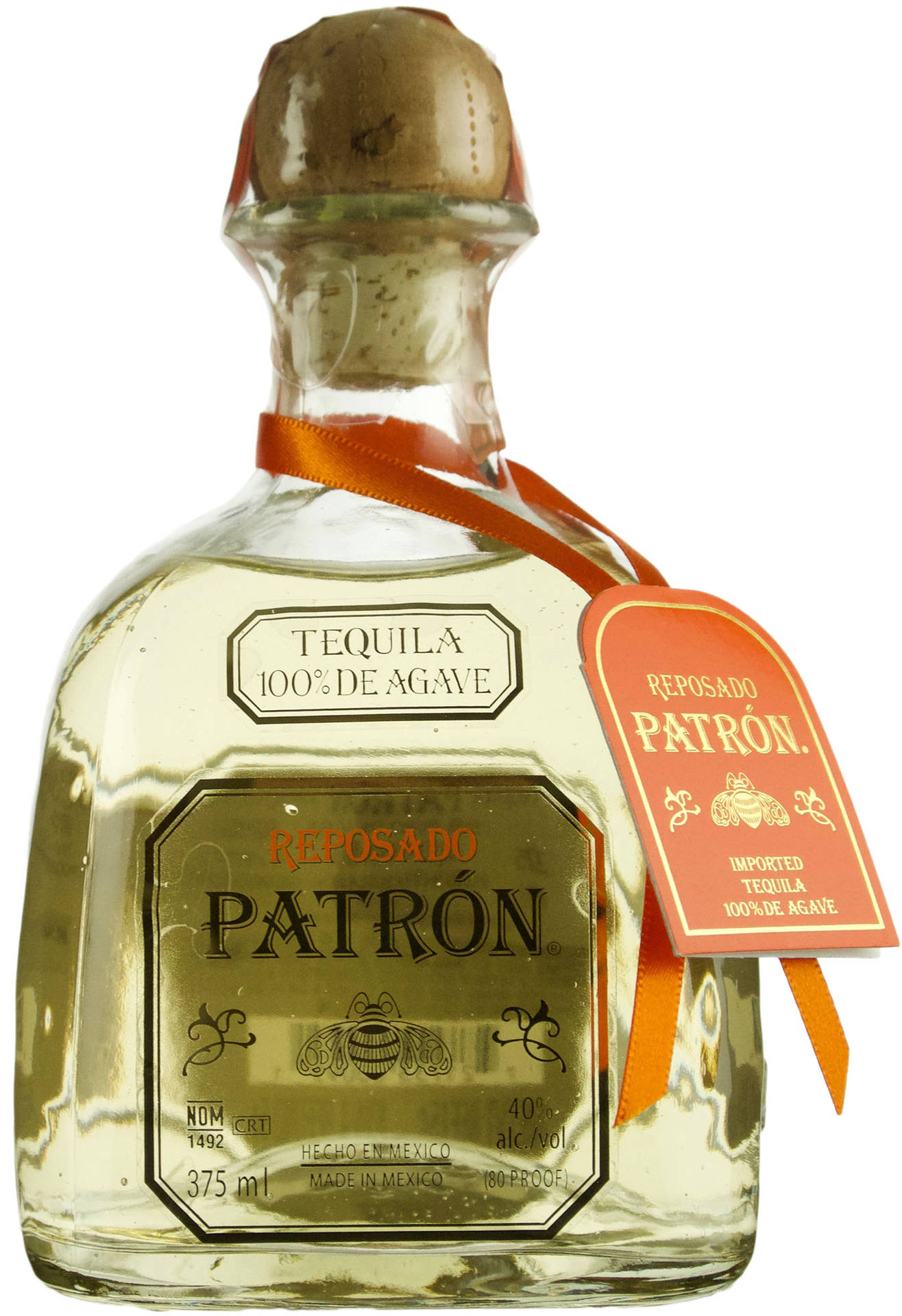 Patrón Reposado龍舌蘭酒瓶，帶有橙色絲帶和金色標籤。