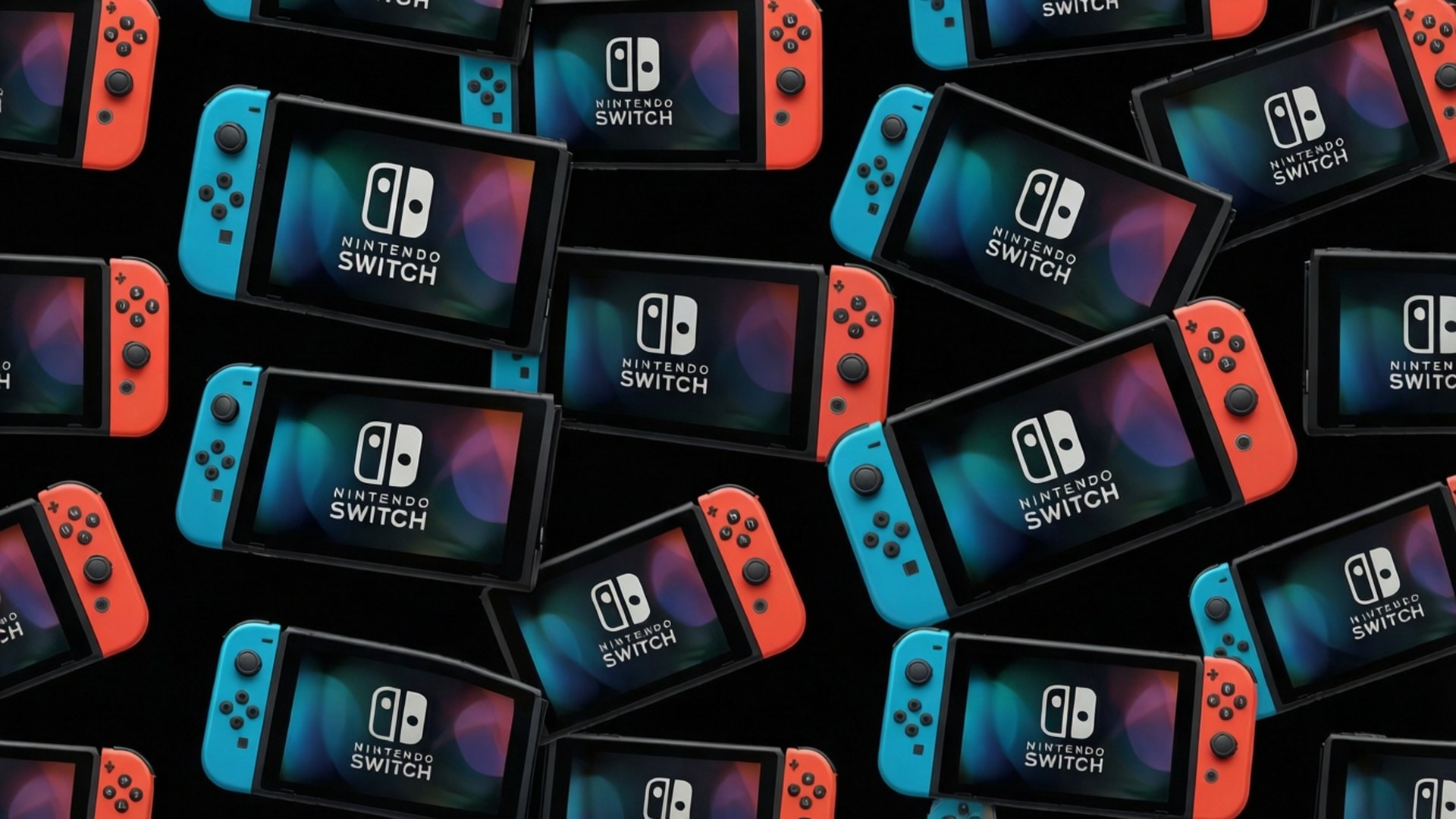多個帶有紅色和藍色控制器的Nintendo Switch遊戲主機，黑色背景。