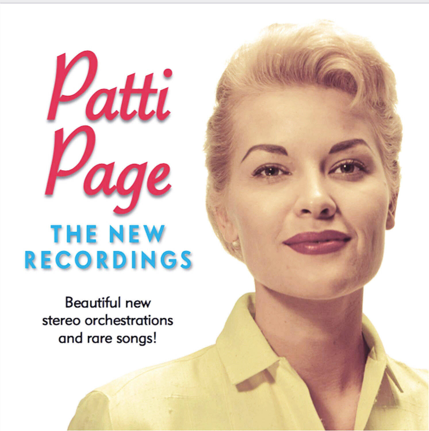 Patti Page 身穿黃色襯衫，為復古音樂專輯封面微笑。