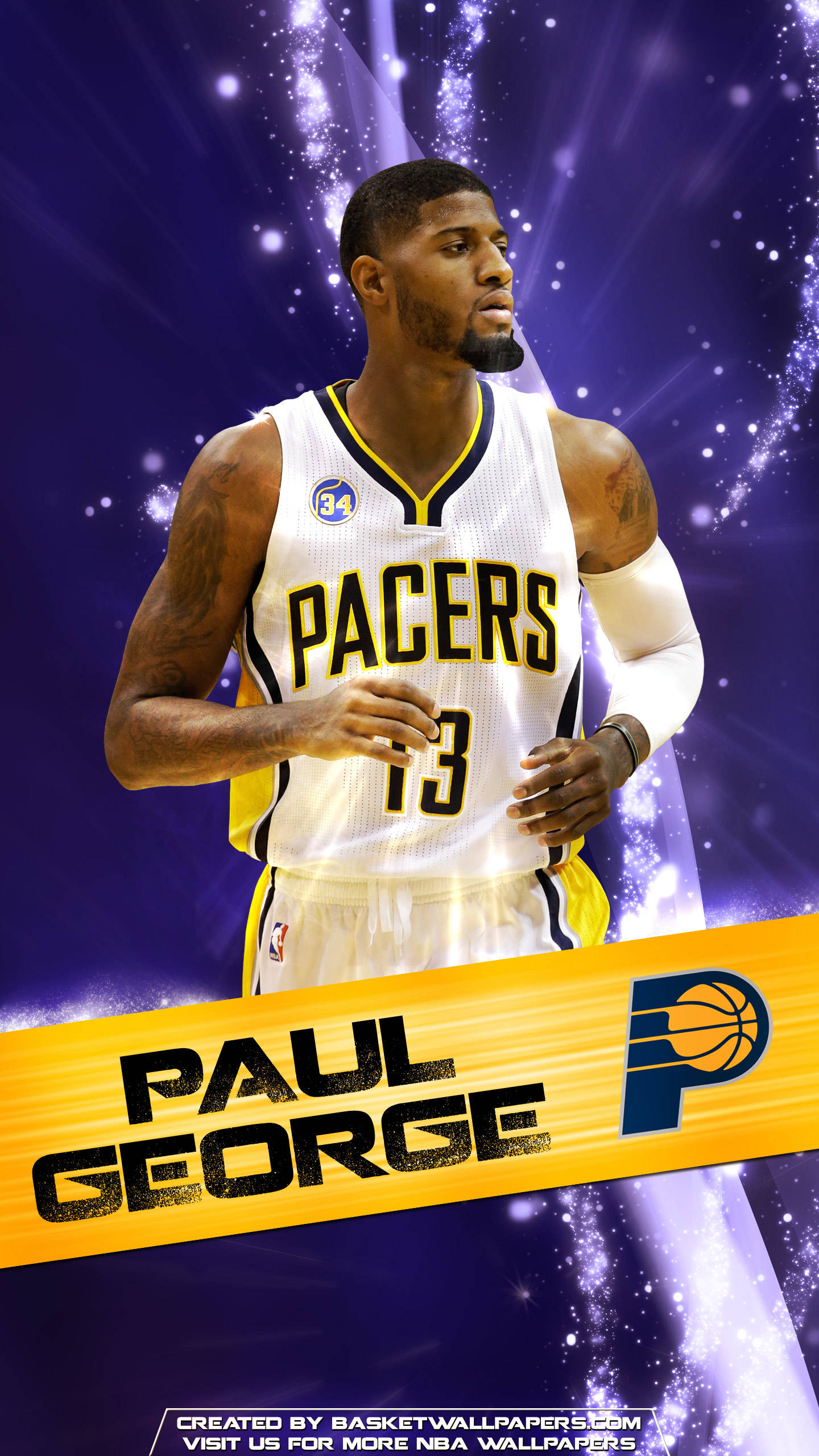 印第安納溜馬隊 Paul George 隊徽 壁紙 — 保羅·喬治身穿溜馬隊球衣，自信地站在充滿活力的紫色星爆背景前，配有黃色橫幅。
