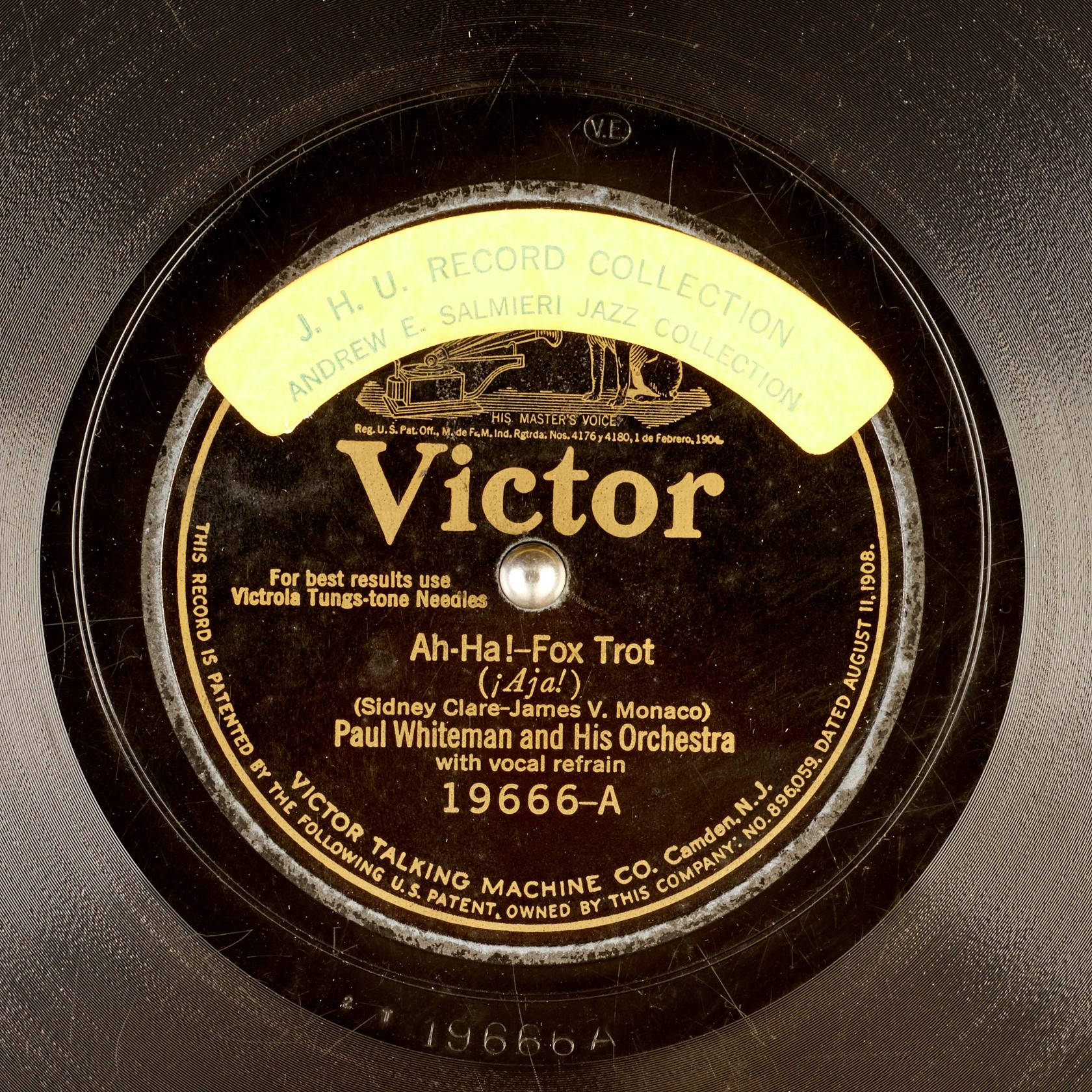 1908年Victor唱片標籤的特寫，帶有爵士音樂細節。