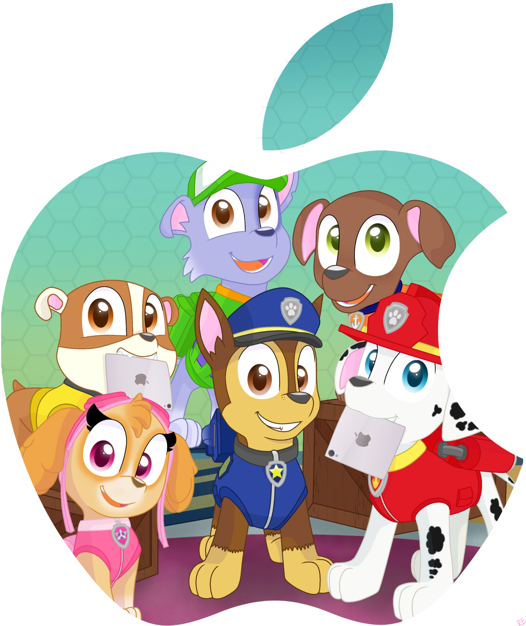 Paw Patrol 團隊剪貼圖 壁紙 — Paw Patrol 小狗在咬了一口的蘋果剪影內微笑，手持 Apple 設備，背景為六邊形青綠色。