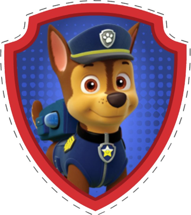 Paw Patrol 警察小狗剪貼圖 壁紙 — 一隻穿著藍色制服、開心的卡通警犬在紅色盾牌徽章內微笑，背景是藍色圓點。