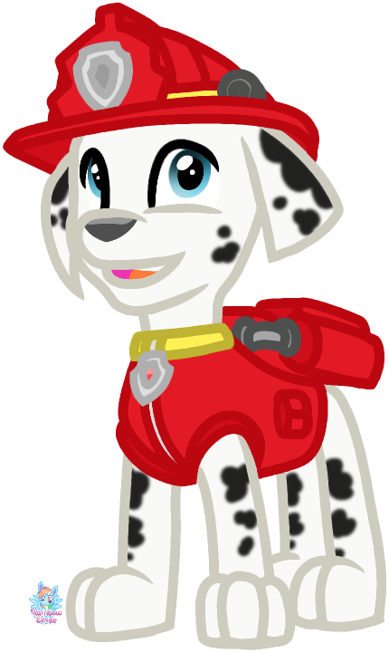 Paw Patrol 消防小狗 Marshall 壁紙 — 一隻快樂的卡通大麥町幼犬，戴著紅色消防頭盔和穿著紅色消防背心，在純色背景前燦爛微笑。