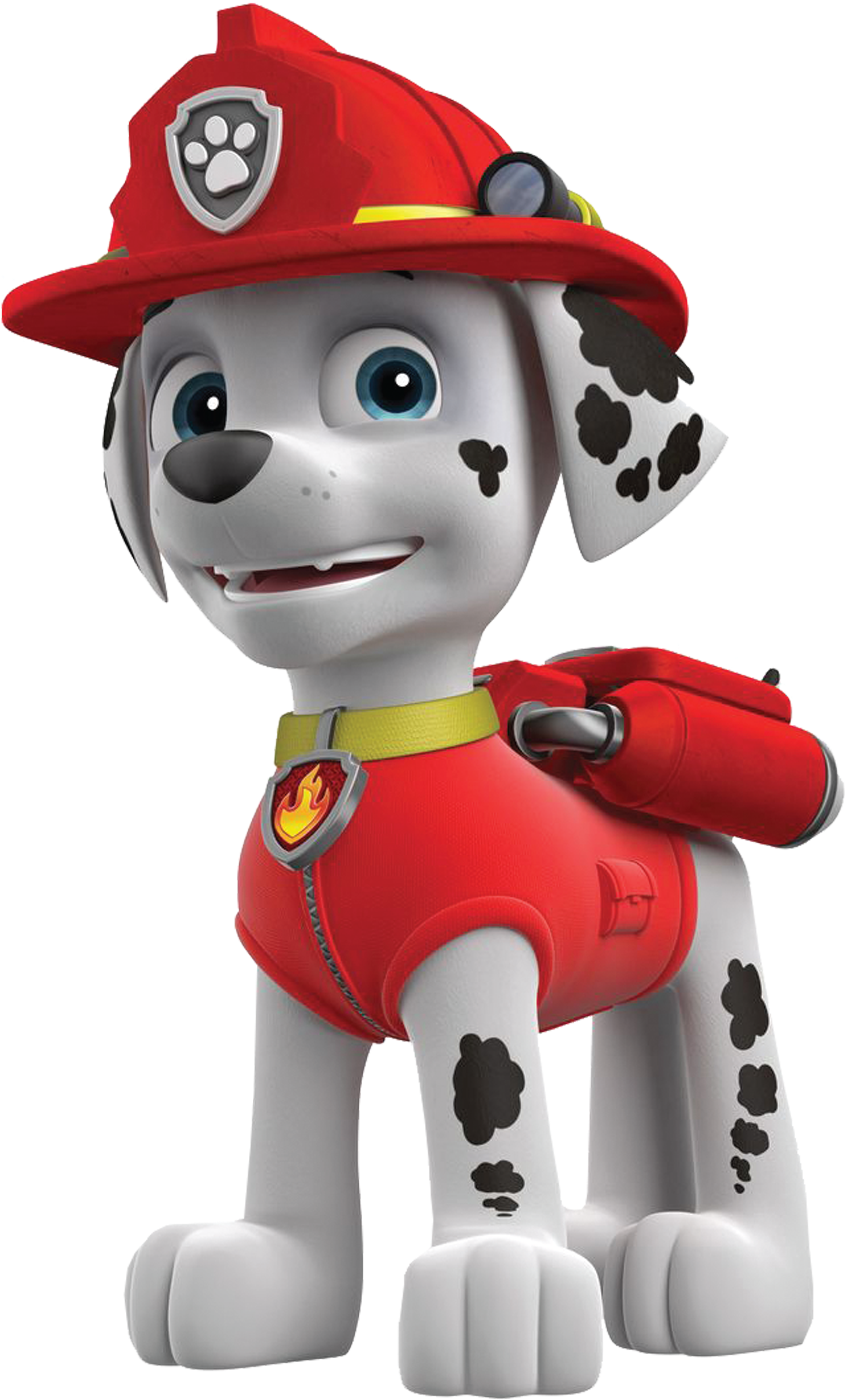 Paw Patrol 消防小狗剪貼圖.PNG 壁紙 — 一隻快樂的斑點狗幼犬穿著紅色消防員制服，戴著頭盔和氧氣罐，準備行動。