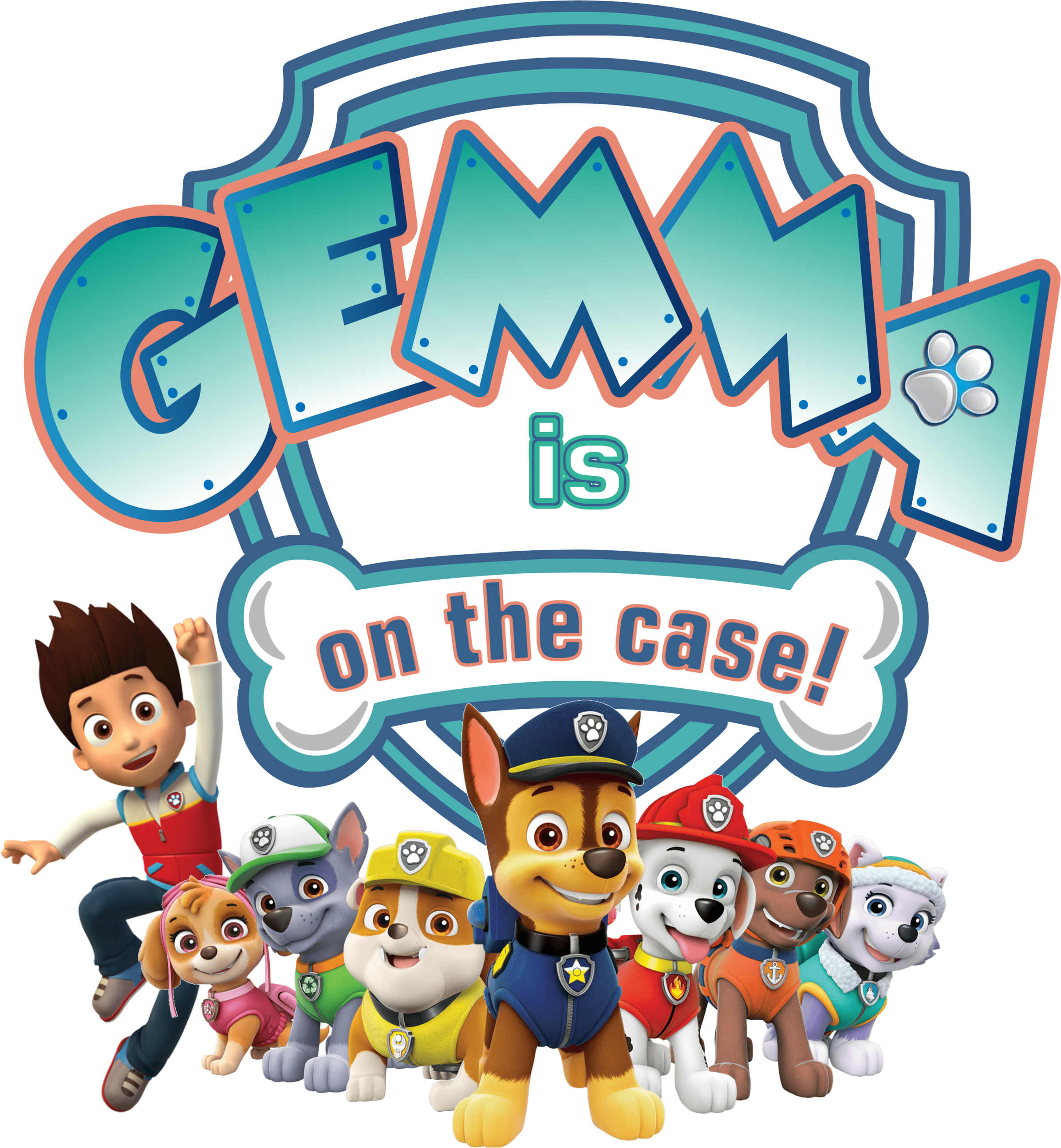 Paw Patrol 團隊偵查中 壁紙 — Paw Patrol 角色們在醒目的「Gemma 正在調查案件！」標誌下以充滿活力的卡通風格歡樂聚集。
