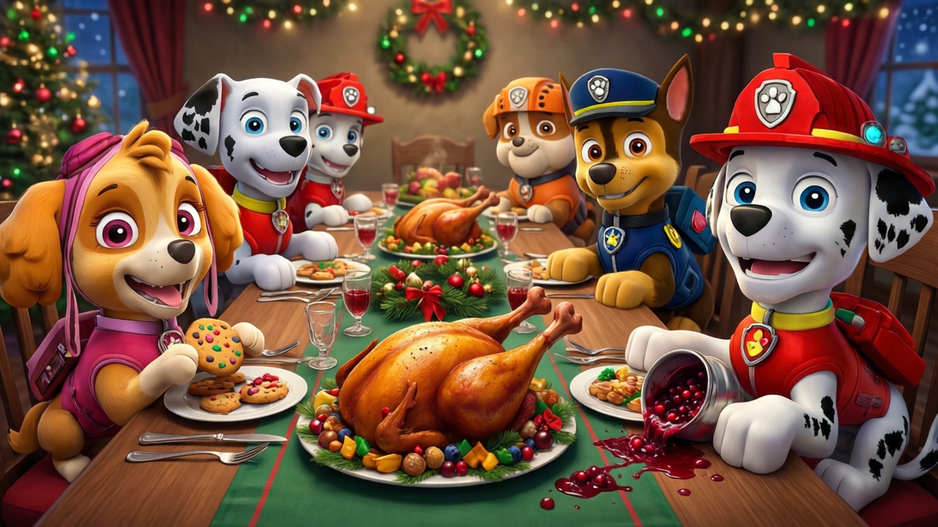 Paw Patrol 角色享受聖誕晚餐，有火雞和蔓越莓醬。