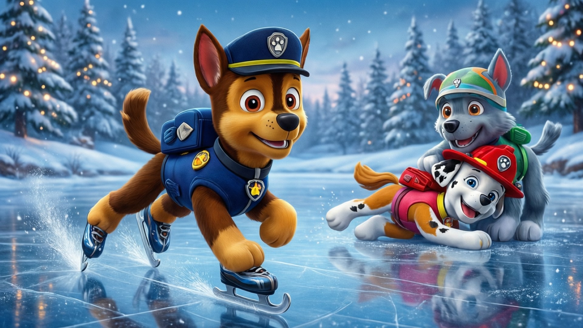 Paw Patrol 小狗在雪地冬季溜冰場上溜冰和玩耍，伴隨著節日燈光。