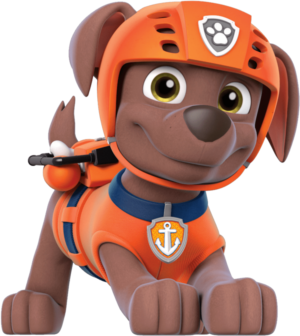Paw Patrol Zuma 剪貼圖 壁紙 — 一隻快樂的棕色動畫小狗，戴著橙色救援頭盔和背心，上面有錨標誌。