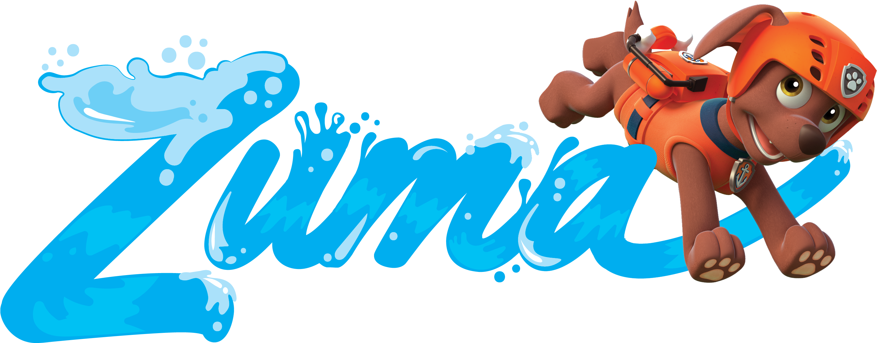 Paw Patrol Zuma 剪貼圖 壁紙 — 一隻穿著橙色救援裝備的卡通狗，穿過風格化的藍色水花，形成名字 Zuma。