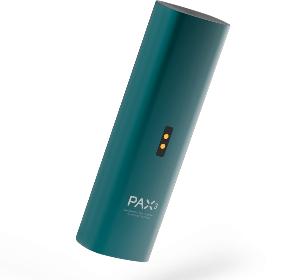 PAX 3 蒸汽煙草機，青綠色款 壁紙 — 一個時尚的青綠色PAX 3霧化器，帶有發光的橙色燈光，放置在黑色背景上的白色抽象波浪上。