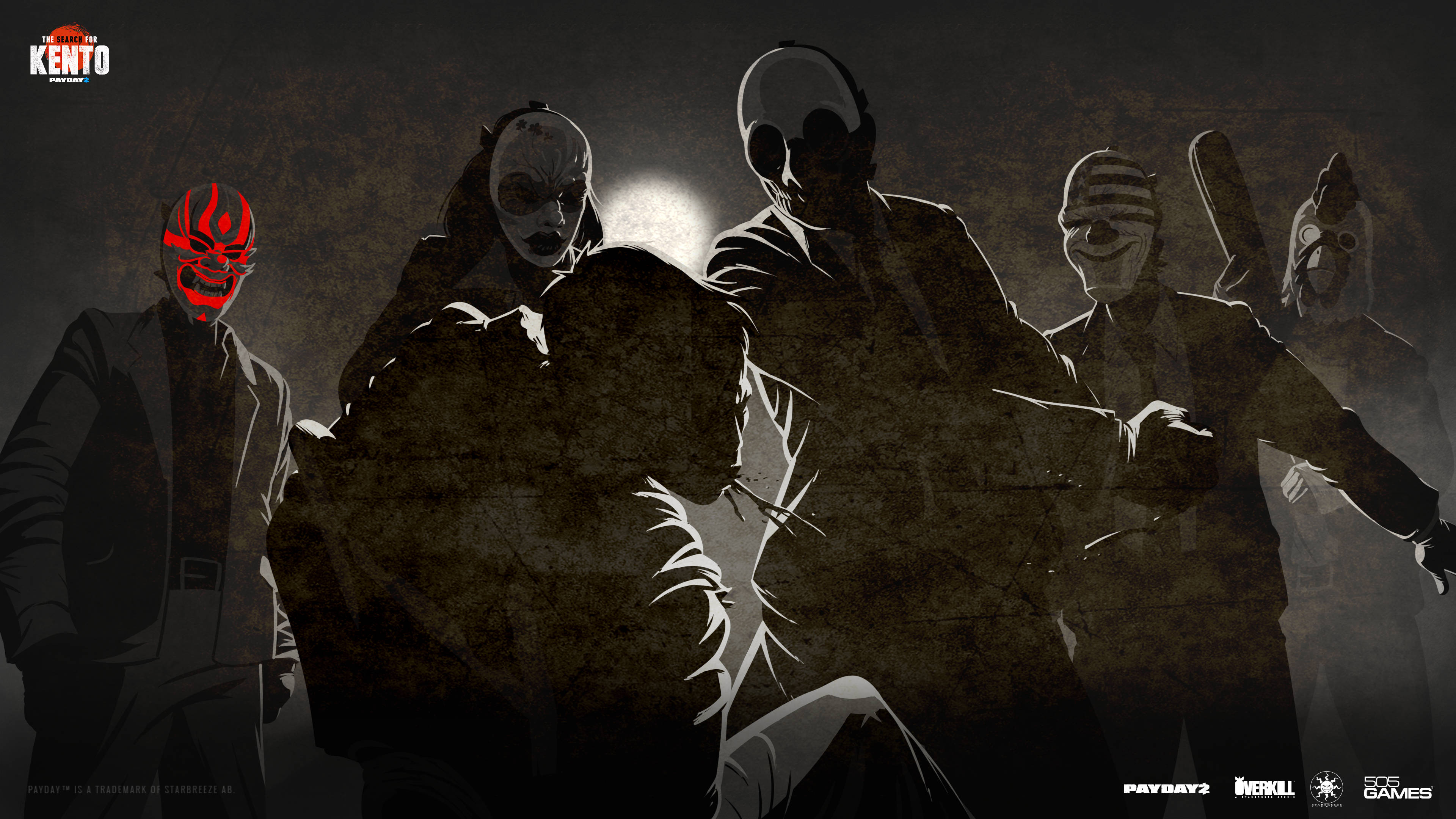 《Payday 2》遊戲「尋找肯托」插畫 壁紙 — 剪影蒙面人物身穿深色西裝，在粗糙紋理背景前威嚇地站立，背後有一輪發光的月亮。