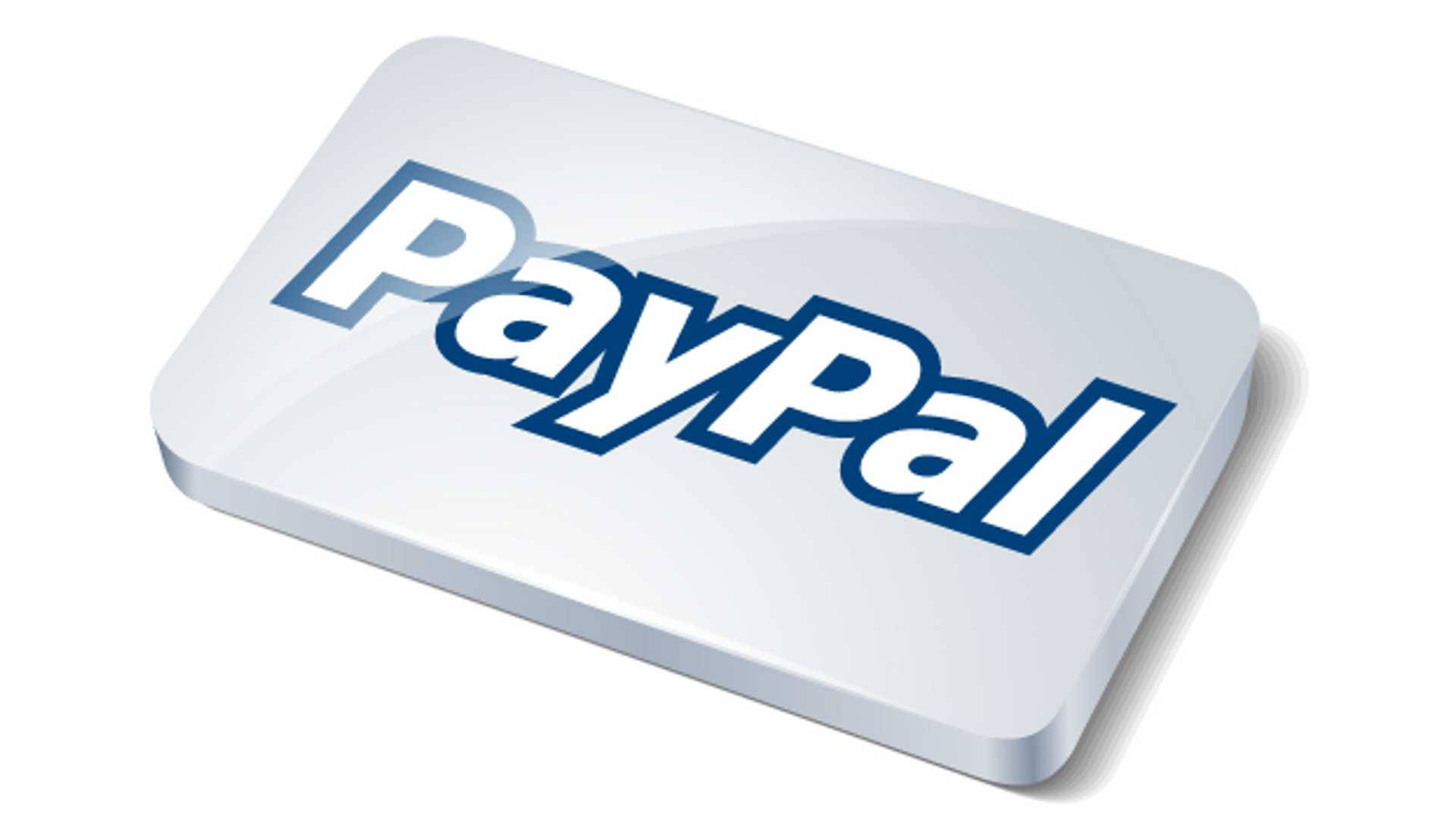 PayPal 3D圖標 壁紙 — 一張時尚的白色長方形卡，上面有粗體藍色字體的PayPal標誌，傾斜在純白色背景上。