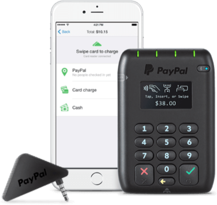 PayPal手機支付設備 壁紙 — PayPal 流動付款設定，顯示一部智能手機帶有信用卡收費屏幕，以及一個黑色手提讀卡器顯示 $38.00。