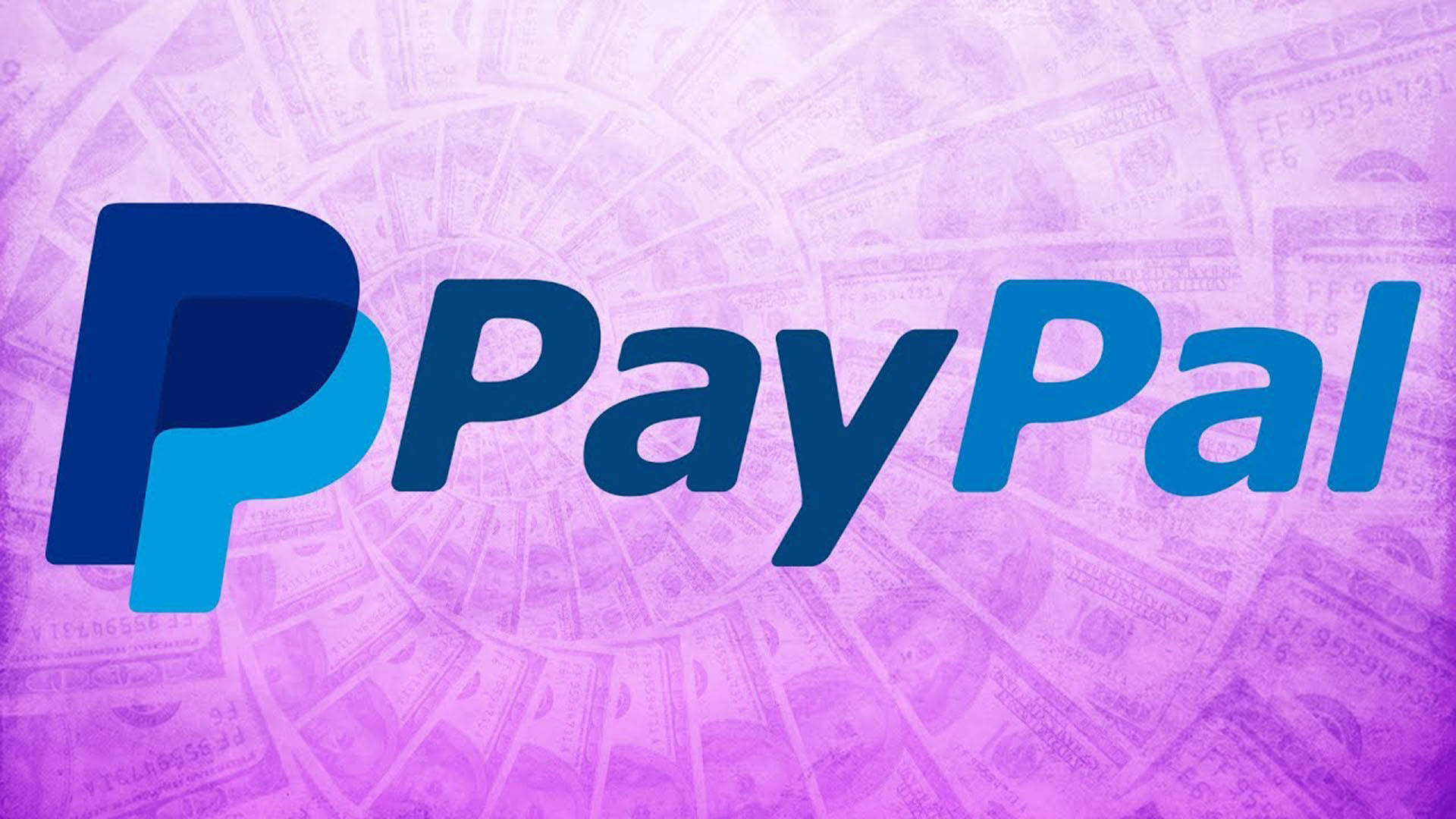 PayPal美元鈔票封面 壁紙 — 藍色嘅PayPal標誌喺褪色美金鈔票嘅旋轉紫色背景上突出顯示。