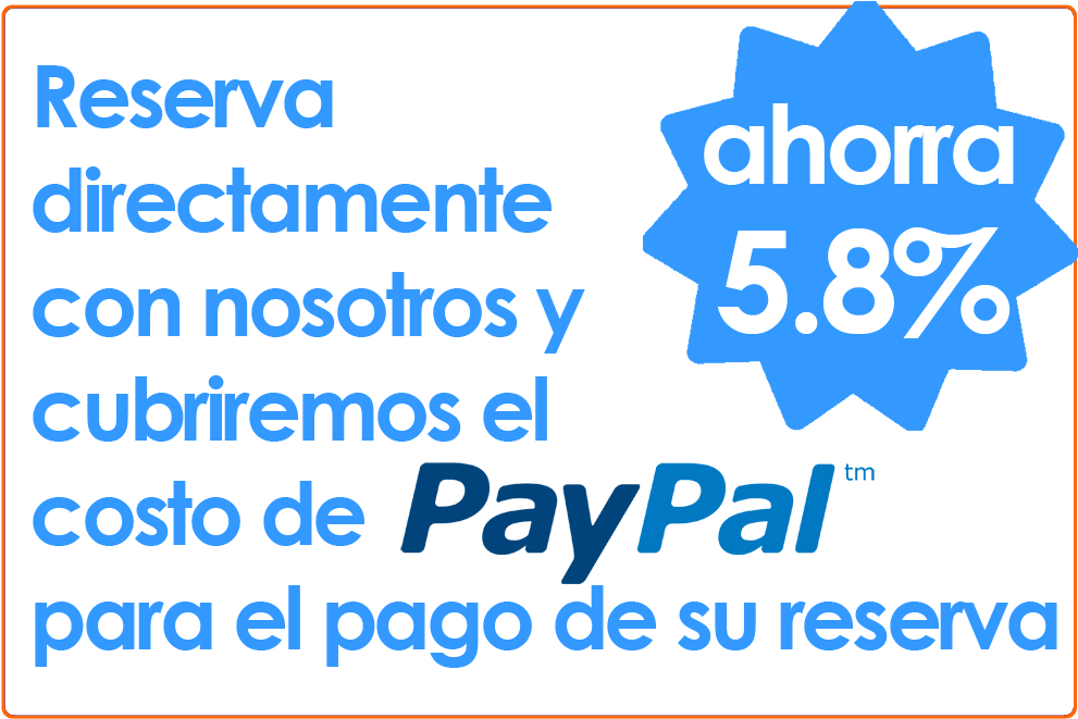 PayPal預訂折扣促銷 壁紙 — 黑色背景上的粗體藍色文字宣傳直接預訂並承擔 PayPal 費用可節省 5.8%。