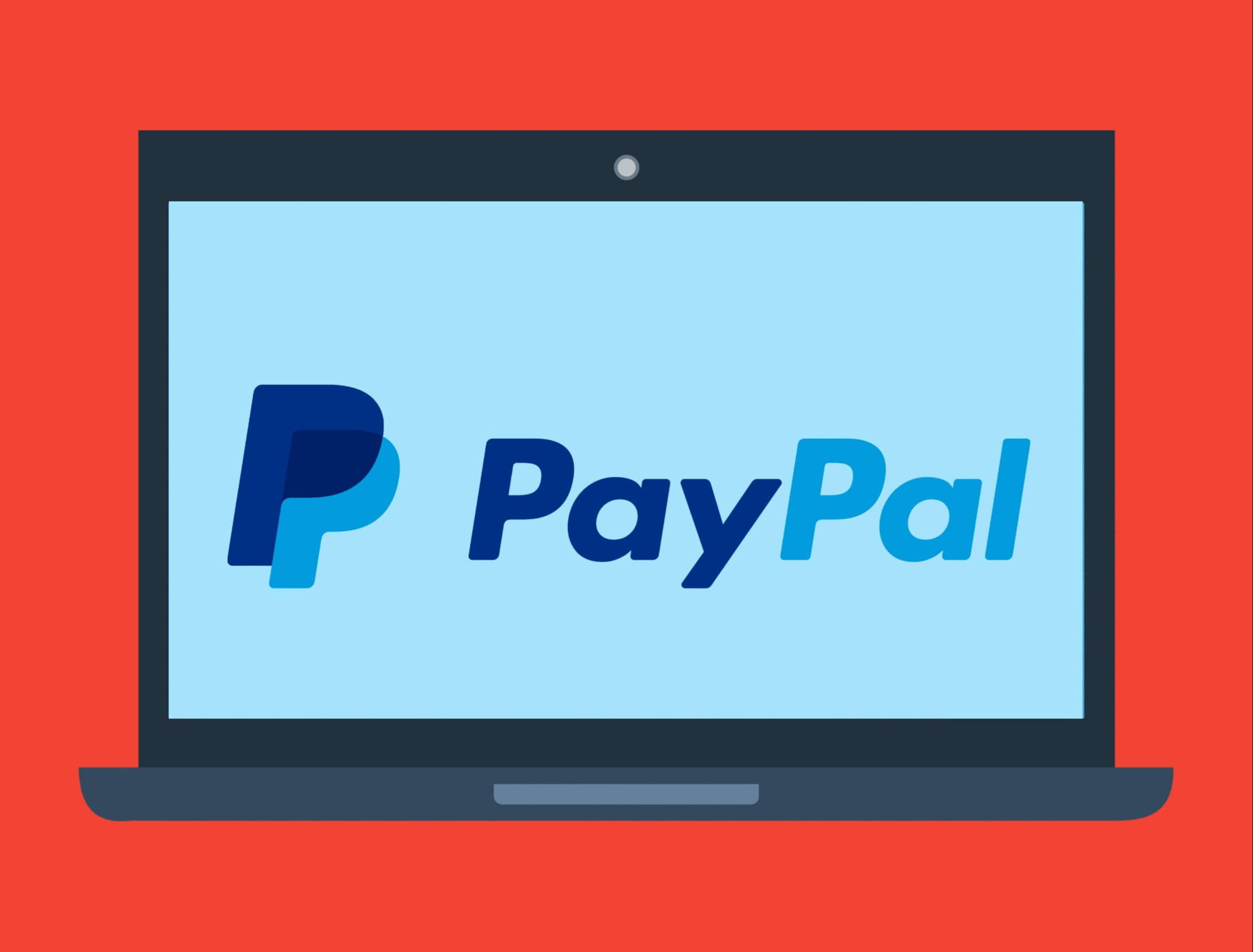 PayPal 筆記本電腦螢幕藝術 壁紙 — 一部手提電腦在淺藍色屏幕上顯示PayPal標誌，背景為大膽的紅色。