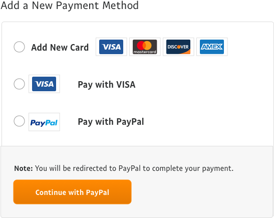 線上付款選項 - PayPal整合 壁紙 — 一個付款介面，提供新增卡或使用 Visa、PayPal 或 Discover 付款的選項，並有一個突出的橙色繼續按鈕。