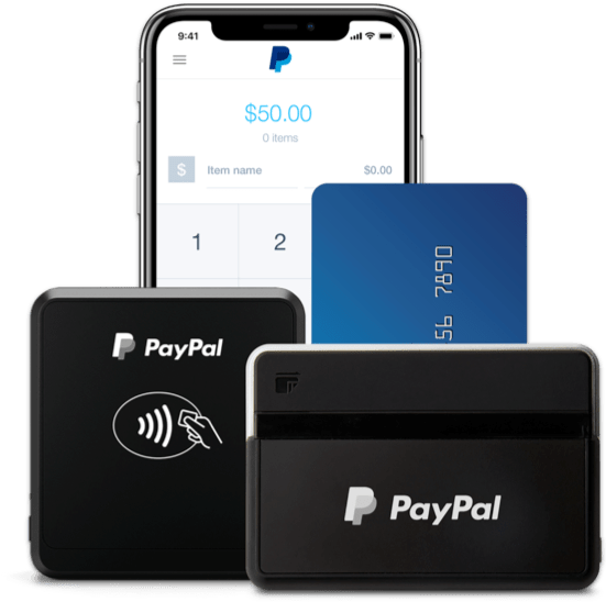 PayPal移動支付設備 壁紙 — 一個PayPal智能手機支付設置，配有讀卡器和信用卡，背景為潔淨的白色。