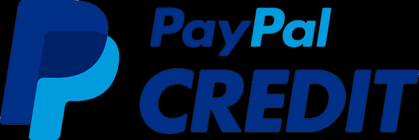 PayPal Credit 標誌 壁紙 — 黑色背景上帶有粗體藍色字體和漸變P圖標的PayPal Credit標誌。