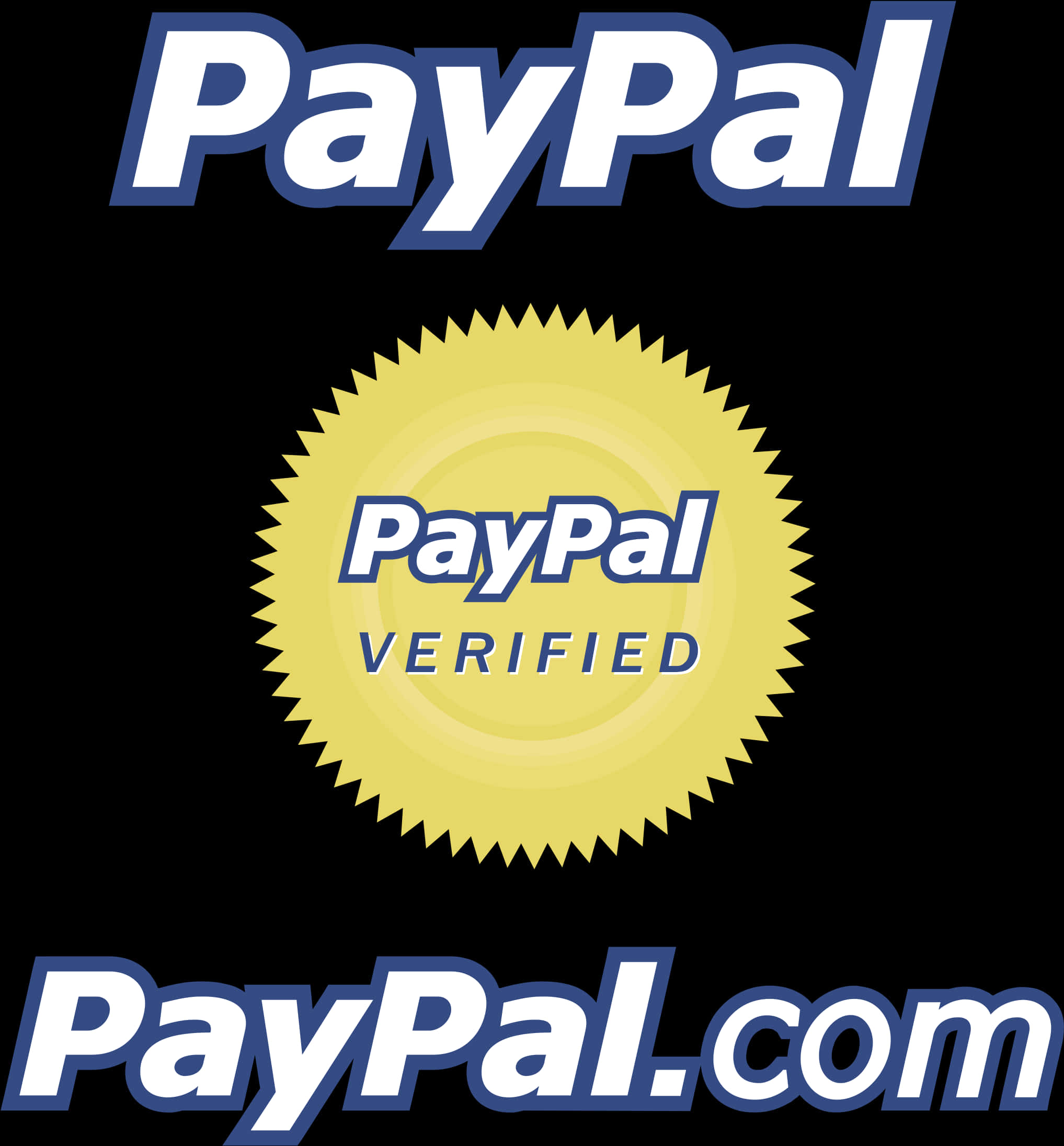 PayPal 認證標誌 壁紙 — PayPal 標誌和驗證印章顯示在黑色背景上，帶有白色和黃色文字。