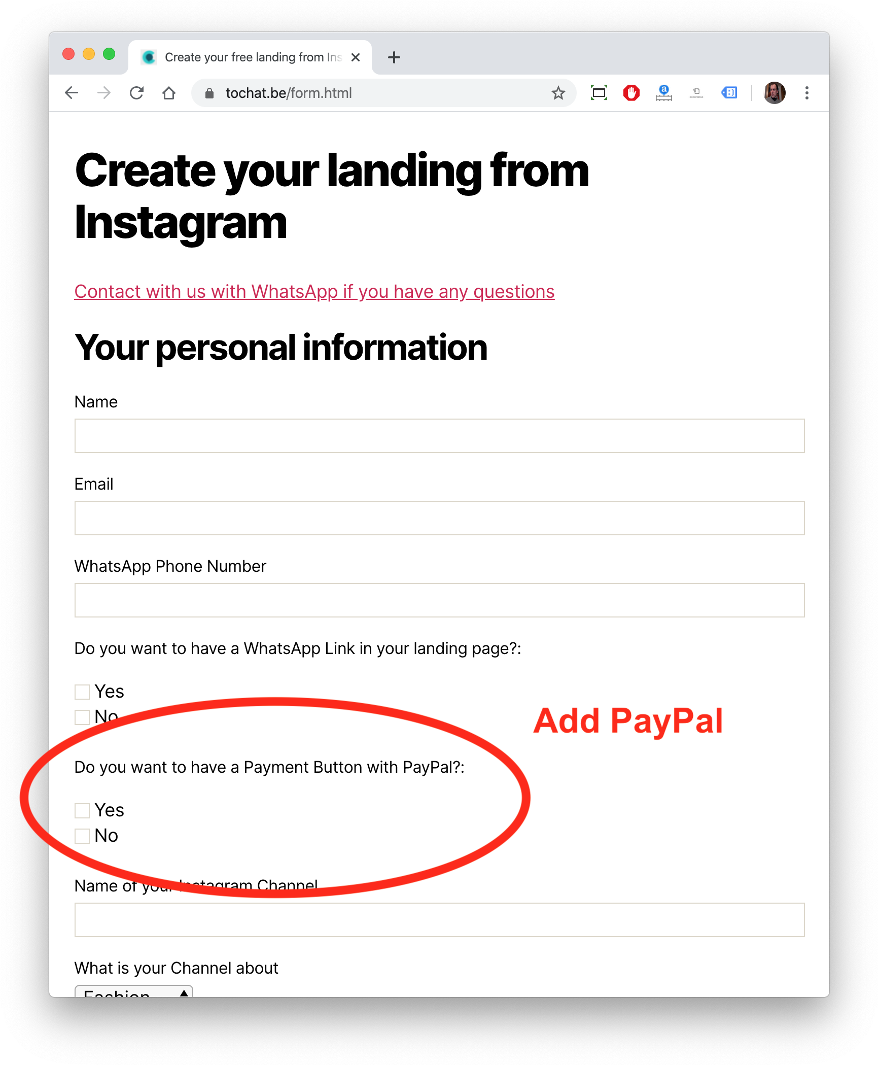 PayPal支付按鈕整合選項網頁表單截圖 壁紙 — 一個用於建立Instagram著陸頁的網絡表單，其中突出顯示了個人資料和PayPal付款選項的欄位。