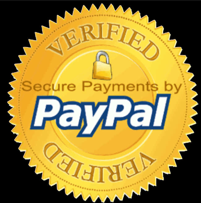 PayPal 驗證安全付款徽章 壁紙 — 一個金色圓形印章，邊緣呈鋸齒狀，頂部和底部顯示「VERIFIED」，中間顯示「Secure Payments by PayPal」，品牌名稱上方有一個掛鎖圖示。