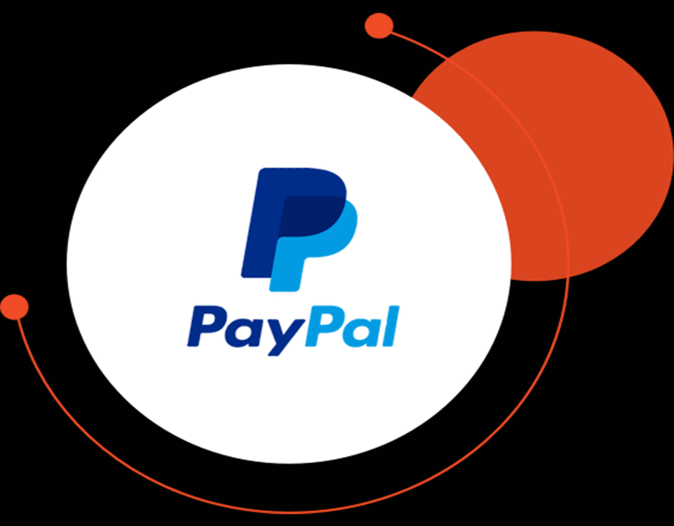 PayPal 圓形設計 壁紙 — PayPal 標誌居中於白色圓圈內，帶有橙色抽象形狀，背景為黑色。