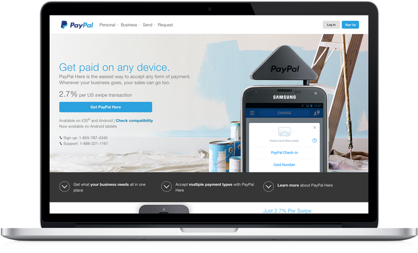 PayPal 任何裝置皆可收款廣告 壁紙 — 手提電腦和智能手機顯示PayPal的支付解決方案，背景有油漆罐和梯子。
