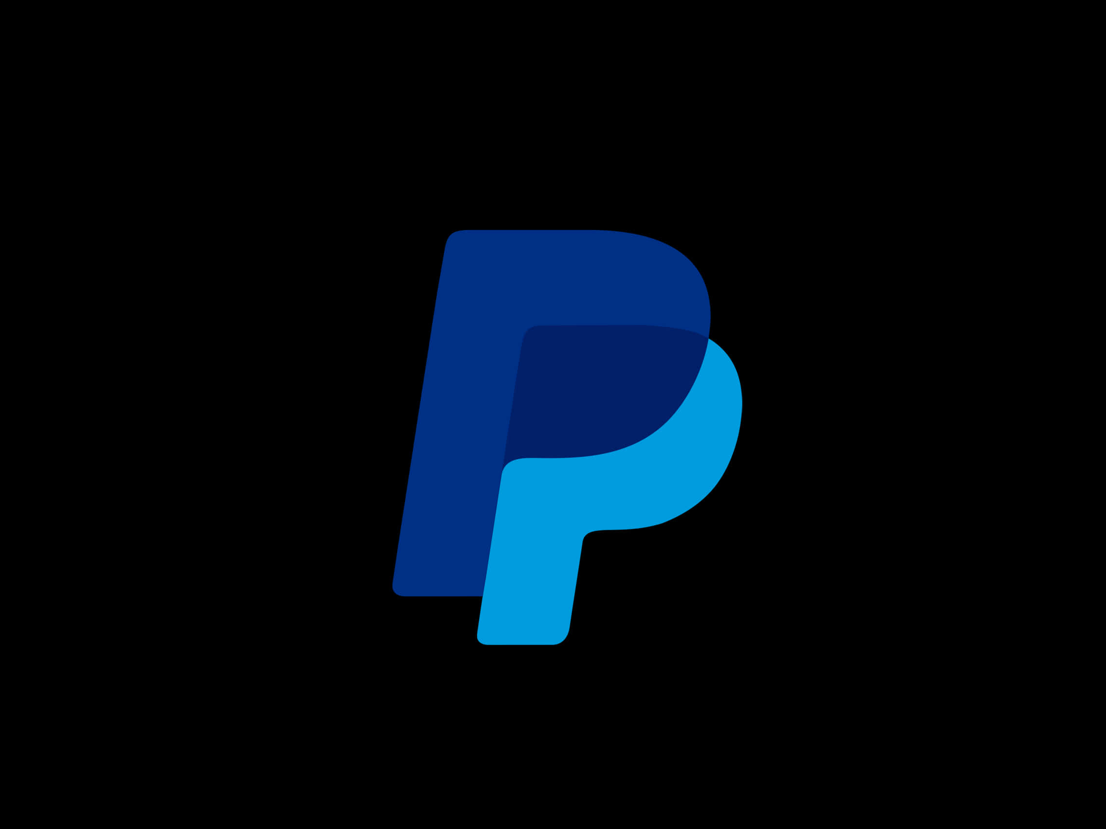 PayPal藍色背景標誌 壁紙 — 一個帶有漸變陰影的醒目藍色「P」標誌，居中於純黑色背景上。