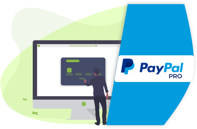 PayPal Pro簡介 壁紙 — 一個人正在與一個數碼支付介面互動，該介面在筆記型電腦屏幕上顯示一張信用卡，旁邊有一個PayPal Pro標誌。