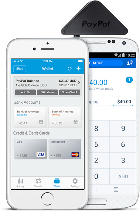 PayPal手機應用程式截圖 壁紙 — 兩部智能手機在潔白背景上顯示PayPal錢包和充電畫面。