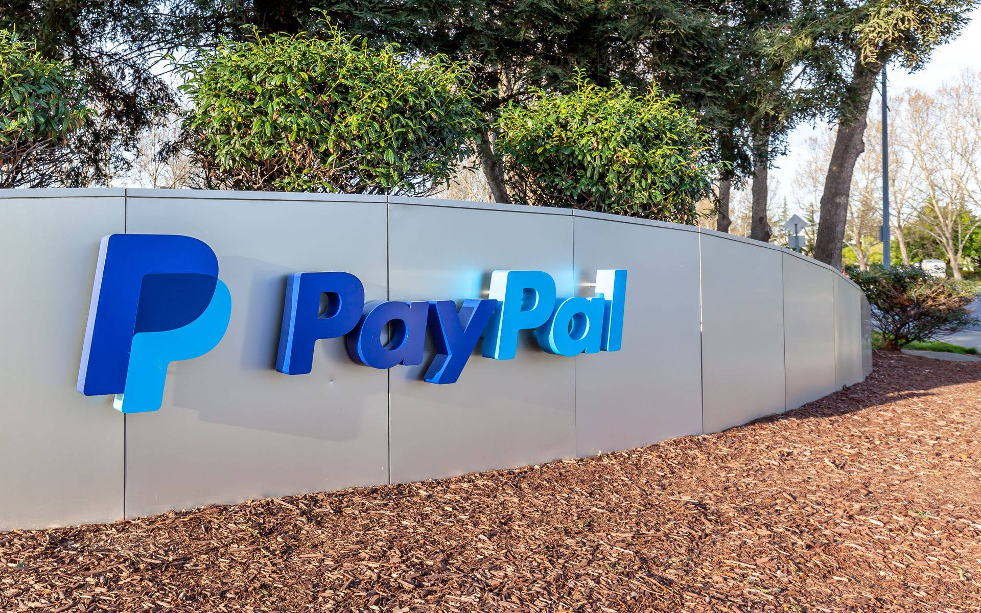 PayPal 辦公室招牌 壁紙 — 一個大型藍色PayPal標誌安裝在彎曲的灰色牆上，周圍有綠色灌木和棕色覆蓋物，在明亮的日光下。