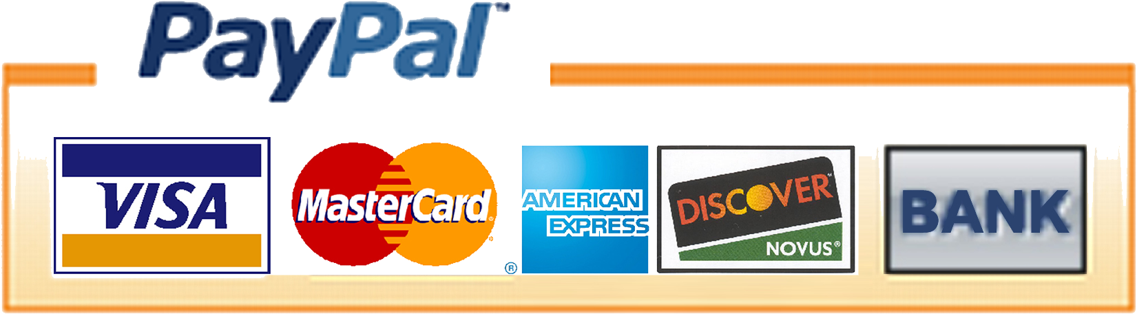 支付方式：PayPal、Visa、MasterCard、American Express、Discover 壁紙 — 一個橫幅顯示PayPal及主要信用卡標誌，包括Visa、MasterCard、American Express、Discover及Bank。