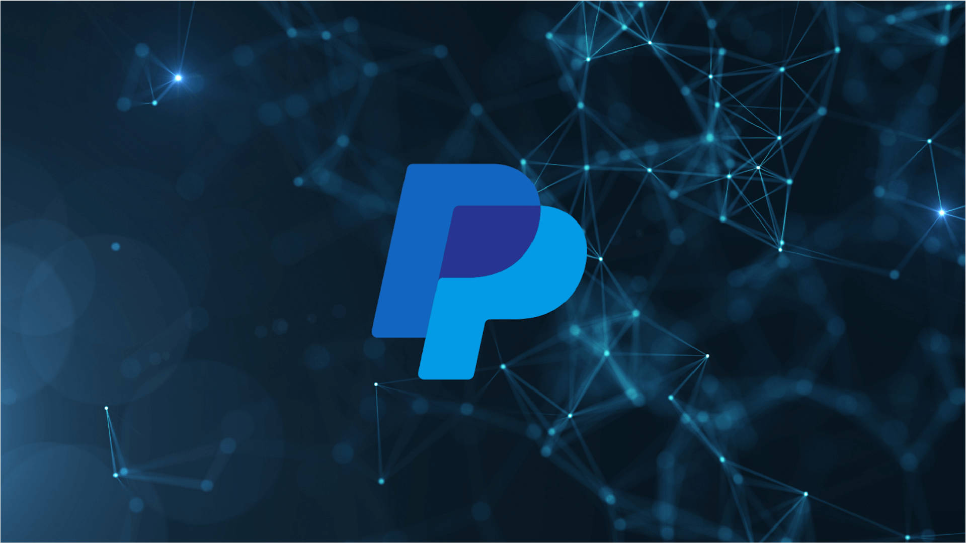 PayPal標誌抽象網路設計 壁紙 — 一個發光的藍色PayPal標誌，居中於一個由連接點和線組成的深色數碼網絡背景上。