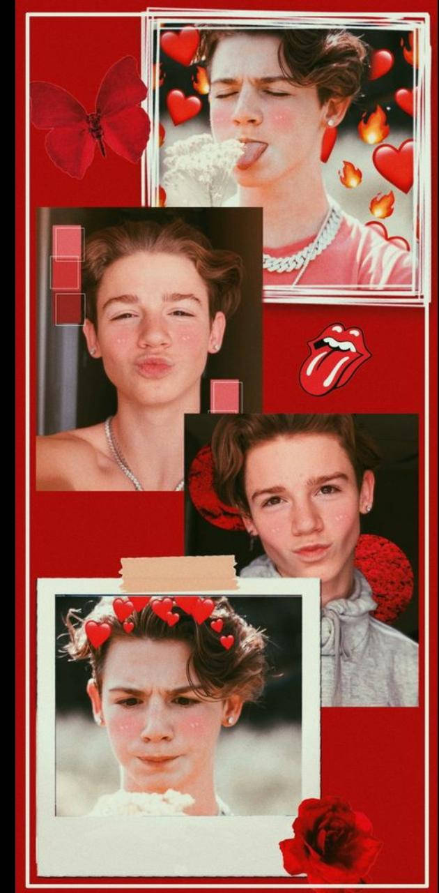 Payton Moormeier 紅色主題拼貼 壁紙 — 四張照片的拼貼，一名年輕男子在帶有心形、火焰和滾石樂隊標誌的醒目紅色背景前做鬼臉。