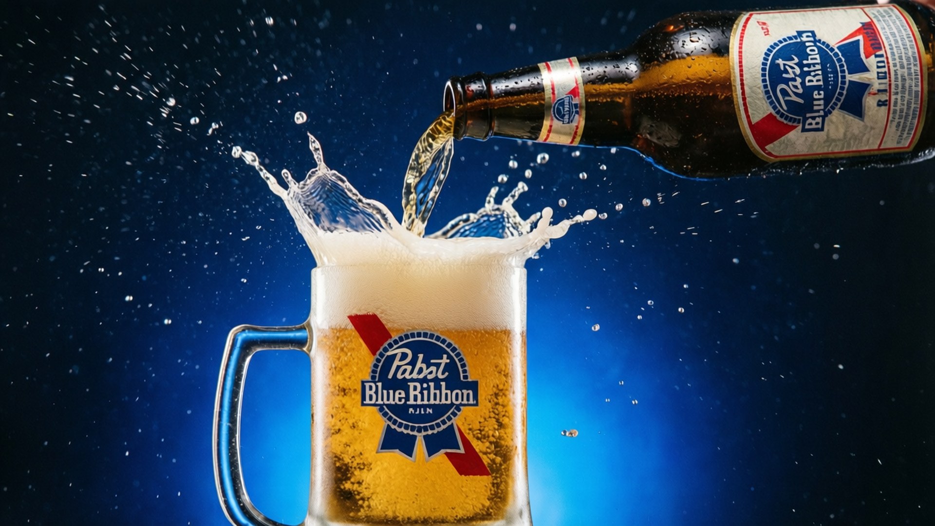 Pabst Blue Ribbon 啤酒倒入杯子，在深藍色背景上飛濺