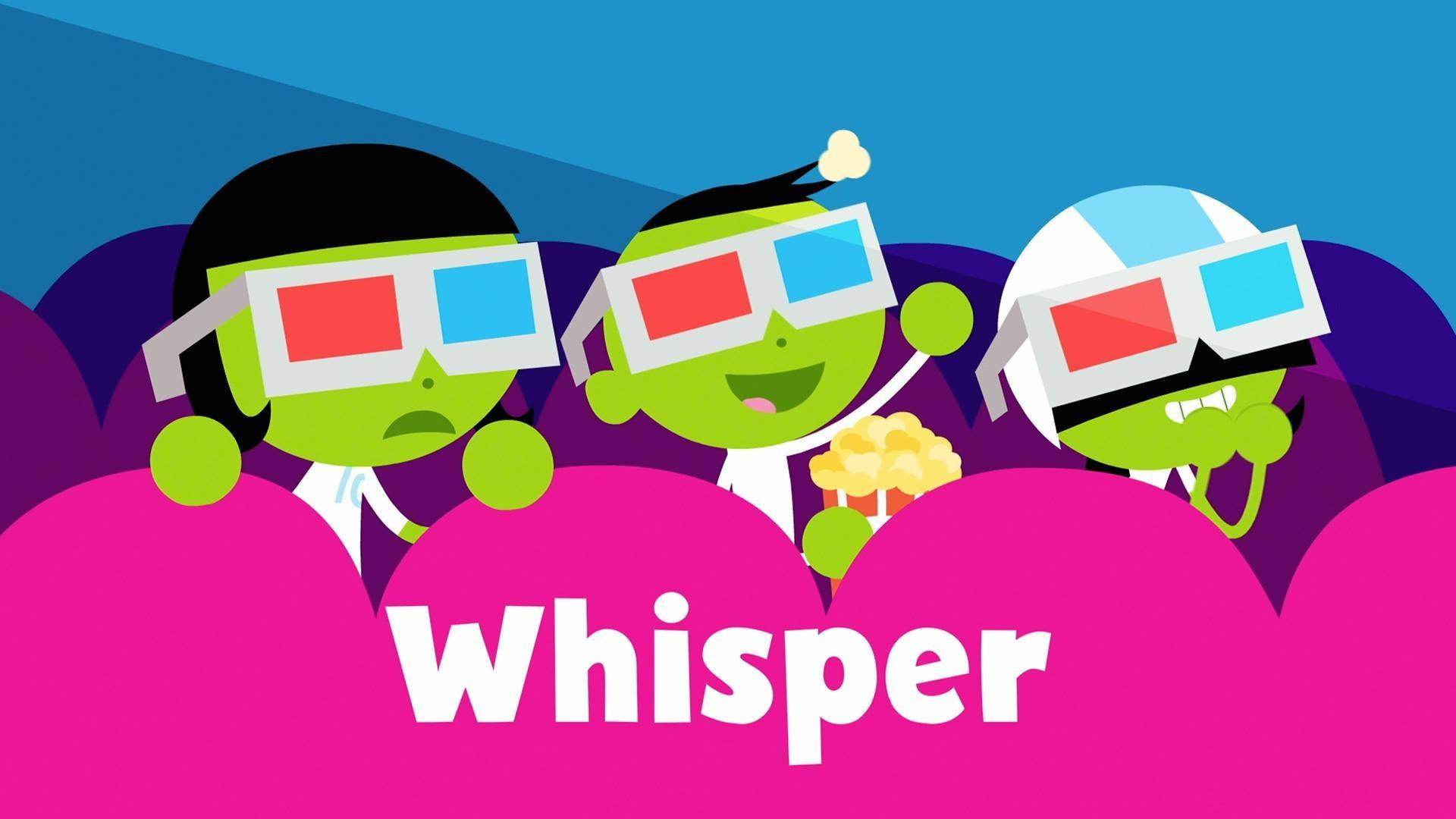PBS Kids 3D眼鏡 壁紙 — 三個綠色卡通人物戴著紅藍3D眼鏡坐在粉紅色戲院座位上，一邊看電影一邊吃爆谷。
