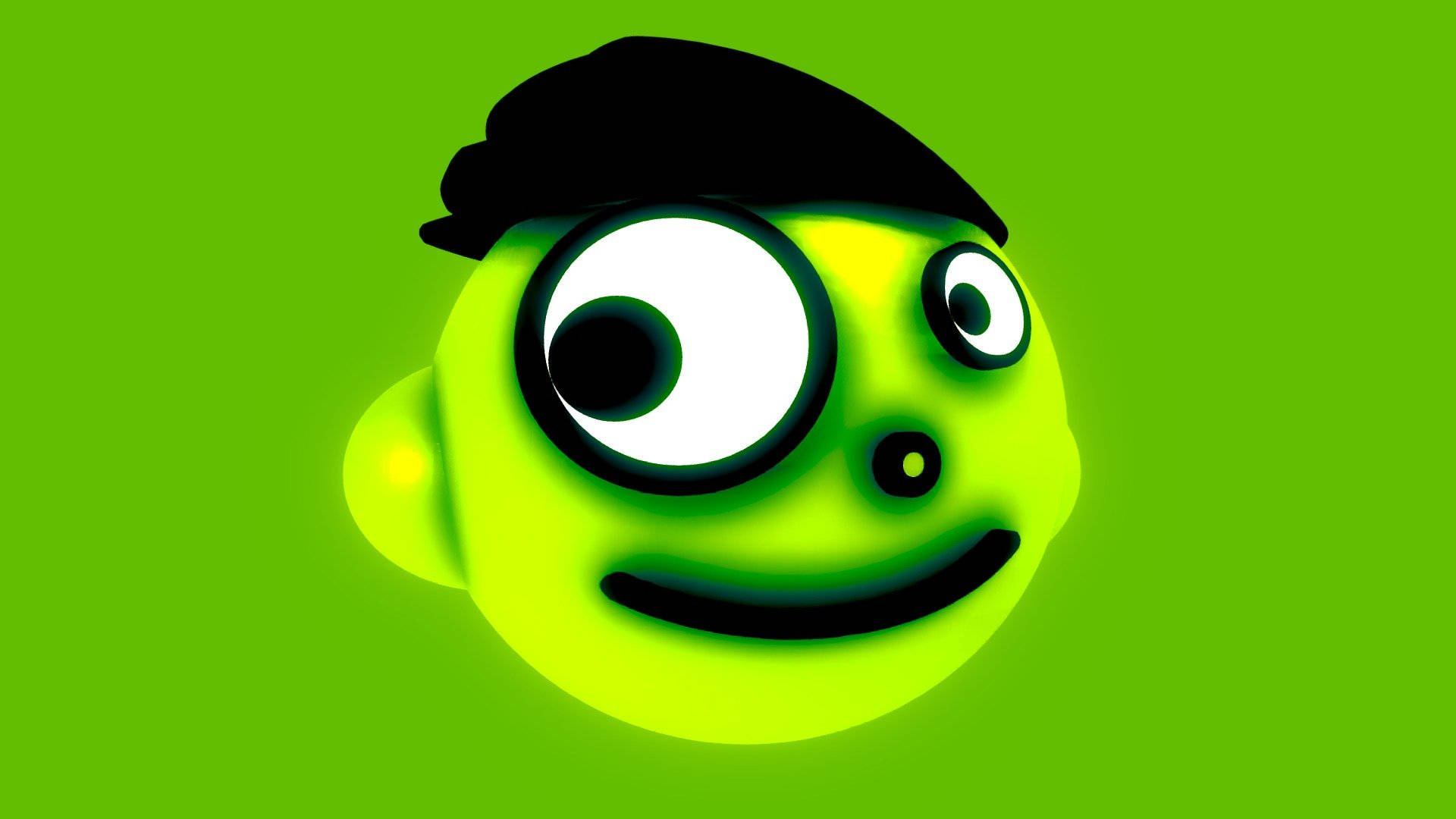 PBS Kids 3D Dash 壁紙 — 一個鮮豔的青檸綠色卡通臉孔，帶有超大眼睛和黑色貝雷帽，背景為純綠色。