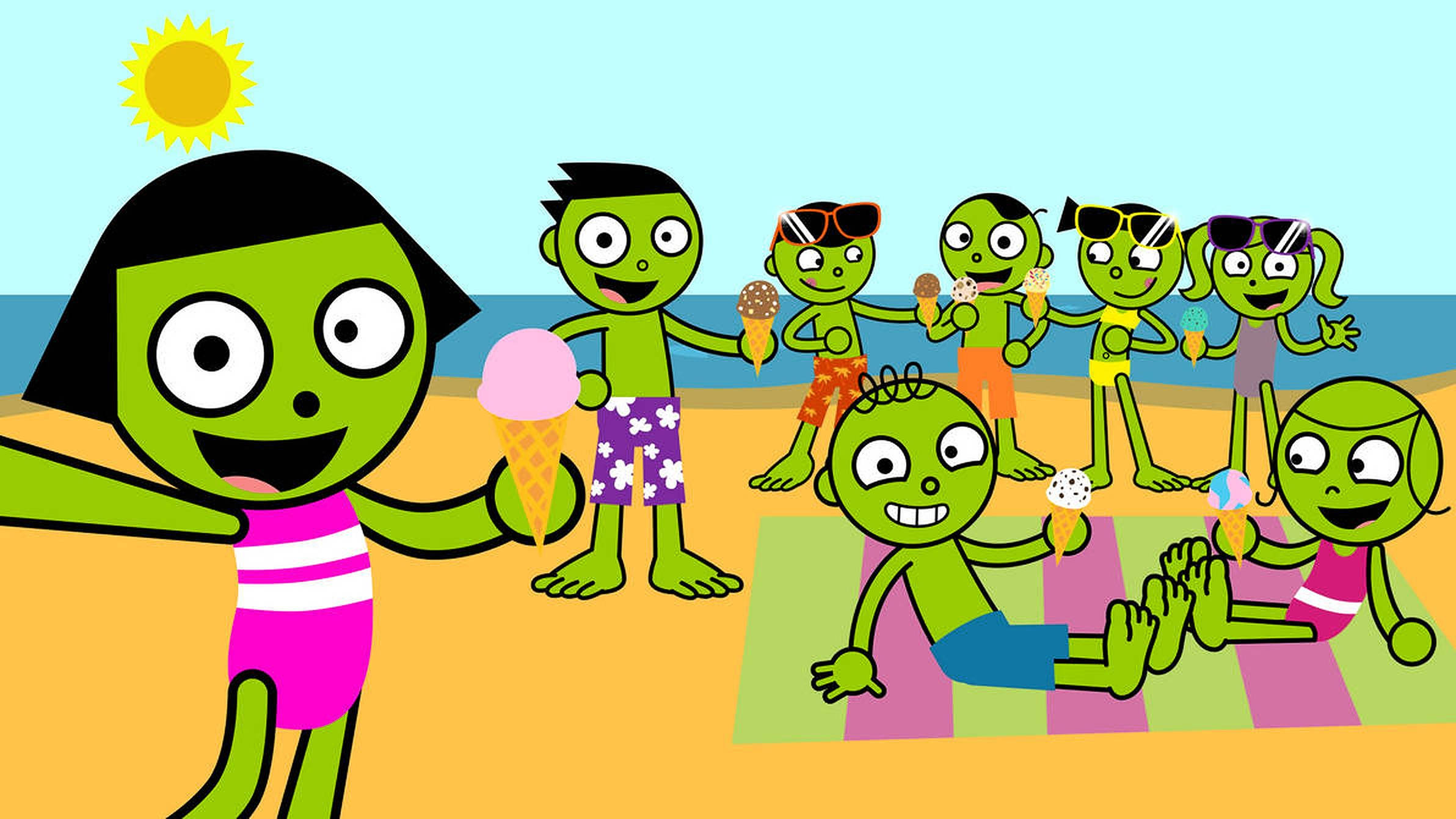 PBS Kids 海灘派對 壁紙 — 綠色卡通兒童在陽光燦爛的海灘上，在明亮的黃色太陽下享受冰淇淋。